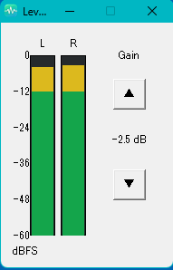 HMplayerのLevel Meter Window。左右チャンネルの音声レベルとStreaming Gainを表示