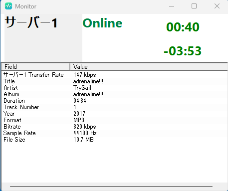 HMplayerのMonitor Window。再生中の曲のメタデータを表示